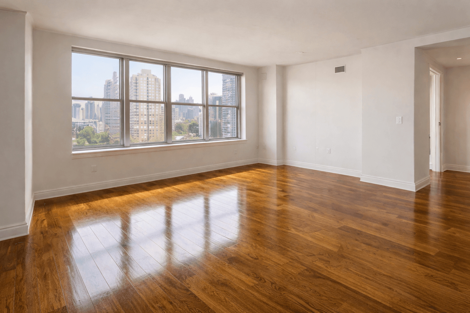 Spotless empty apartment ready for move-in with city view